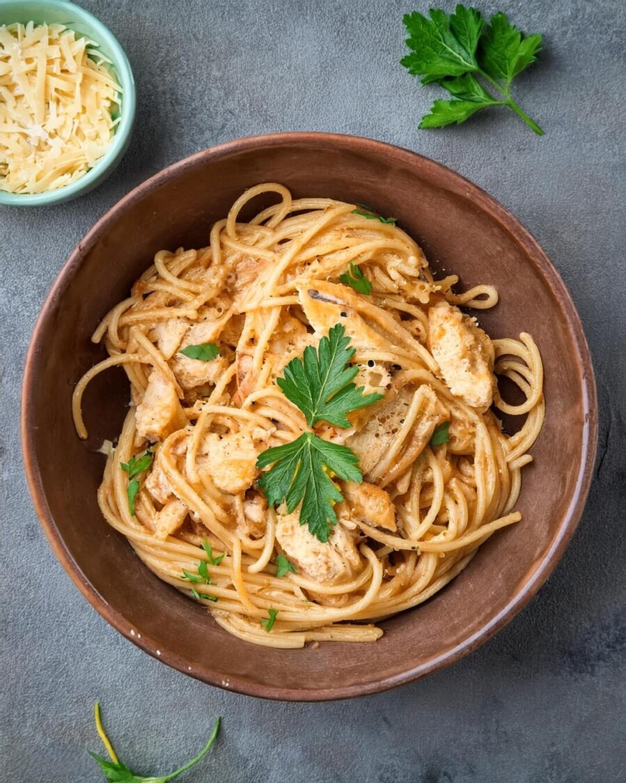 Rich and creamy Cheesy Chicken Spaghetti made with tender shredded chicken, al dente pasta, and a blend of melted cheeses. This comforting casserole is packed with flavor, combining savory seasonings, diced tomatoes, and a creamy cheese sauce that coats every bite. Perfect for busy weeknights or potlucks, this easy-to-make dish is a family favorite and always a crowd-pleaser.