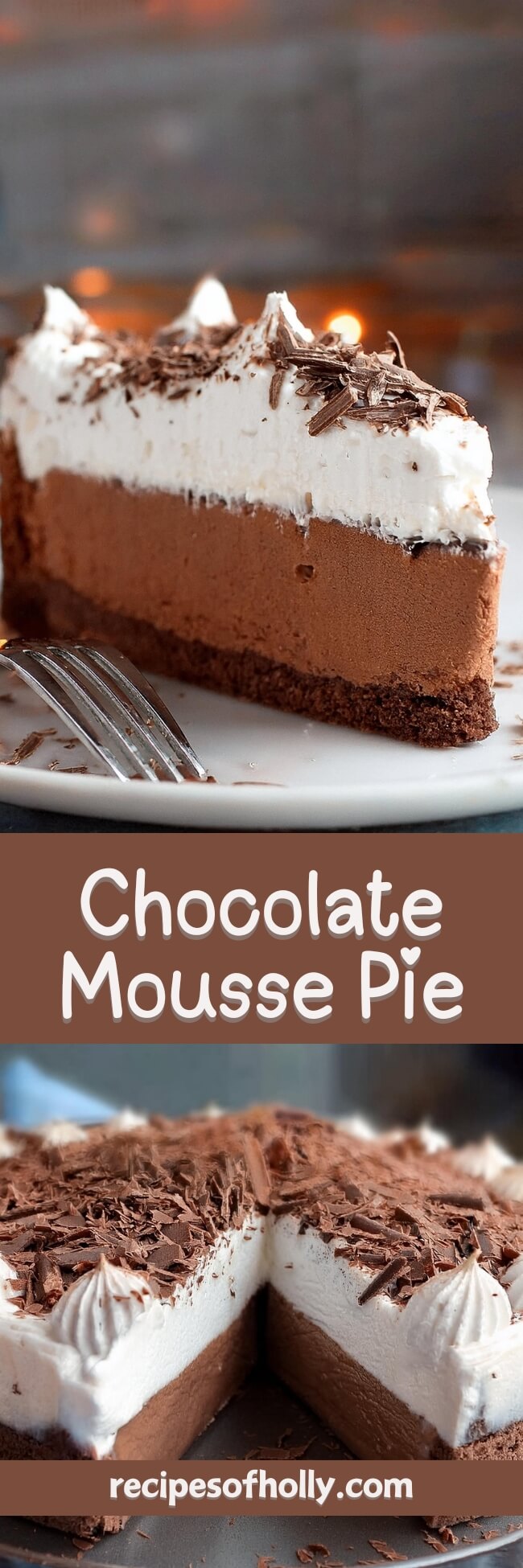 Luxuriously creamy Chocolate Mousse Pie, featuring a smooth, airy chocolate mousse filling atop a buttery, crisp chocolate cookie crust. This decadent dessert is the perfect balance of rich chocolate flavor and light, velvety texture, making it an irresistible treat for any occasion. Topped with whipped cream or chocolate shavings, this pie is an elegant, no-bake dessert that's easy to make and sure to impress.