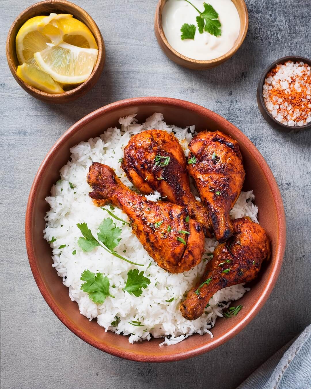 Bold and flavorful Tandoori Chicken, marinated in a blend of yogurt, garlic, ginger, and a vibrant mix of Indian spices. This juicy, oven-roasted or grilled chicken is known for its smoky char and signature bright red hue. Perfect for serving with basmati rice, naan, or a fresh cucumber salad, this dish delivers authentic Indian flavors that are both spicy and aromatic.