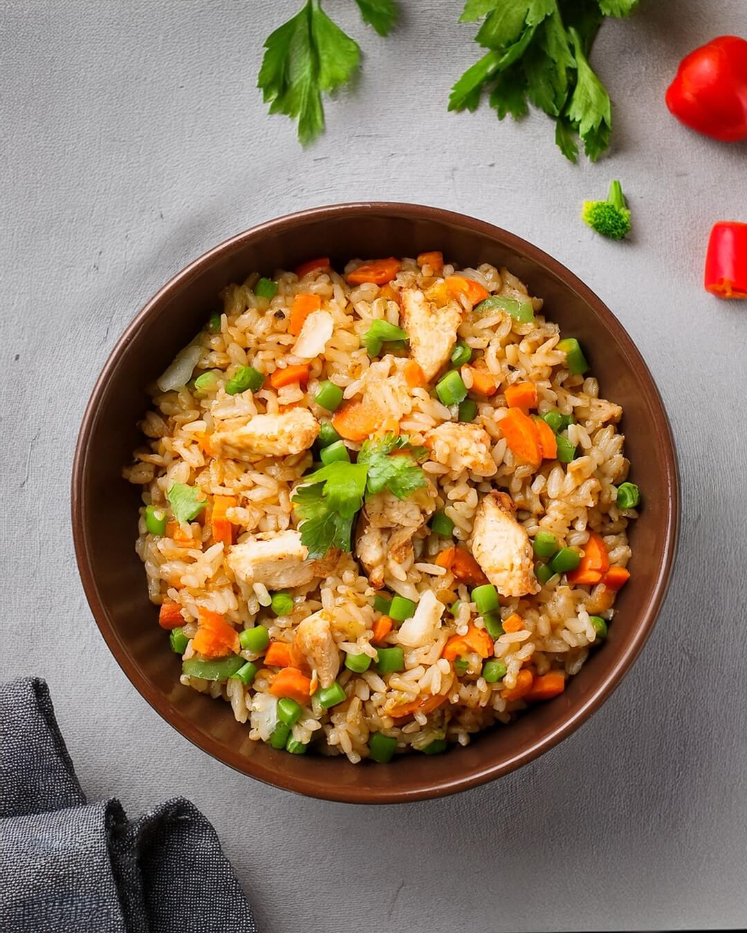 Flavorful Chicken Fried Rice, featuring tender pieces of chicken, fluffy rice, and a mix of vegetables stir-fried to perfection in a savory soy sauce. This quick and easy recipe is ideal for busy weeknights, combining garlic, ginger, and sesame oil for authentic Asian-inspired flavors. Ready in minutes, this dish is a satisfying, one-pan meal that's perfect for lunch, dinner, or meal prep