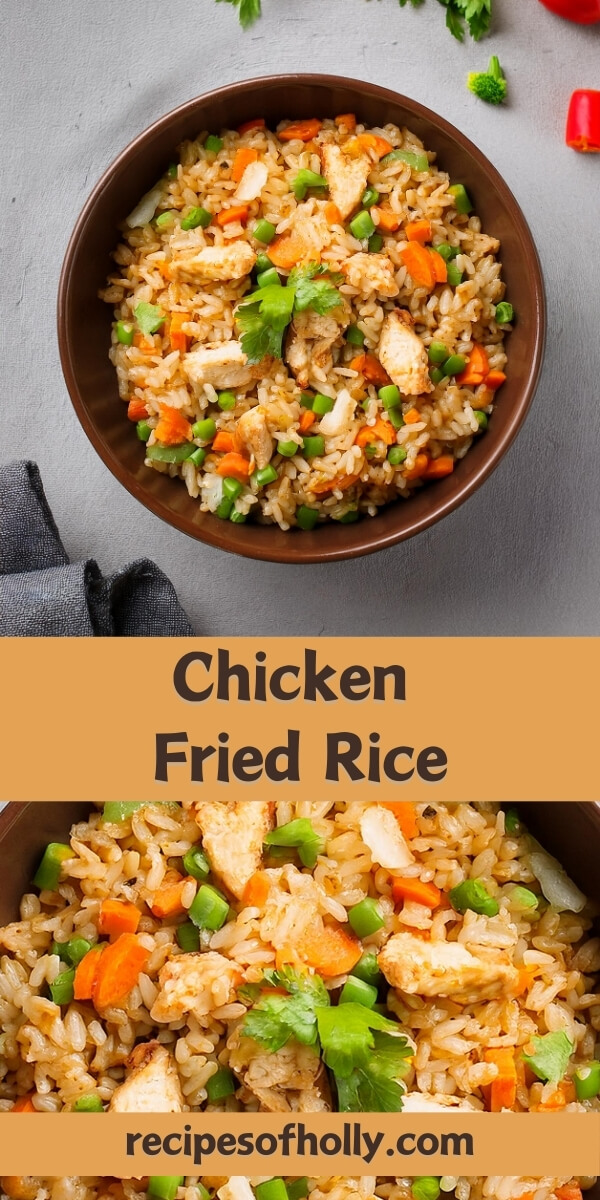 Flavorful Chicken Fried Rice, featuring tender pieces of chicken, fluffy rice, and a mix of vegetables stir-fried to perfection in a savory soy sauce. This quick and easy recipe is ideal for busy weeknights, combining garlic, ginger, and sesame oil for authentic Asian-inspired flavors. Ready in minutes, this dish is a satisfying, one-pan meal that's perfect for lunch, dinner, or meal prep