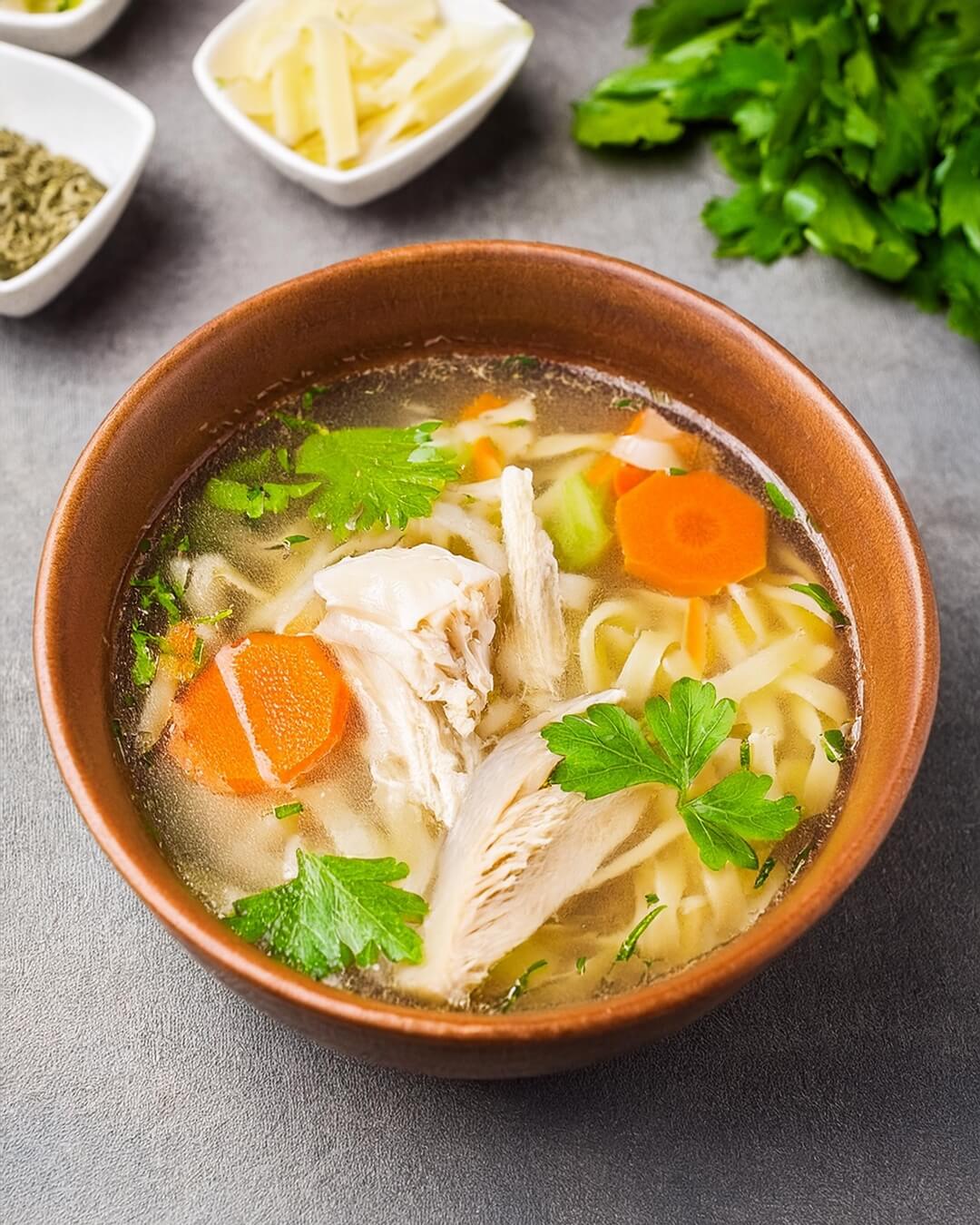 Classic Homemade Chicken Noodle Soup made with tender chicken, hearty egg noodles, and fresh vegetables simmered in a flavorful broth. Infused with garlic, onions, carrots, and celery, this comforting soup is perfect for chilly days or when you need a soothing, wholesome meal. Easy to make and full of rich, savory flavors, this nourishing soup is a family favorite for a reason.