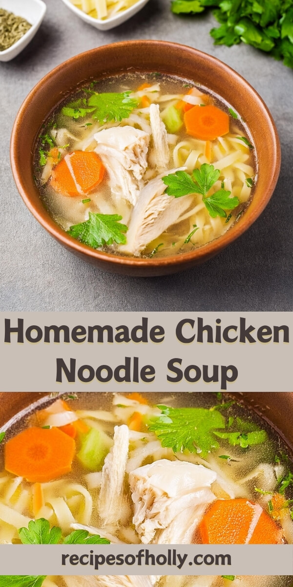 Classic Homemade Chicken Noodle Soup made with tender chicken, hearty egg noodles, and fresh vegetables simmered in a flavorful broth. Infused with garlic, onions, carrots, and celery, this comforting soup is perfect for chilly days or when you need a soothing, wholesome meal. Easy to make and full of rich, savory flavors, this nourishing soup is a family favorite for a reason.