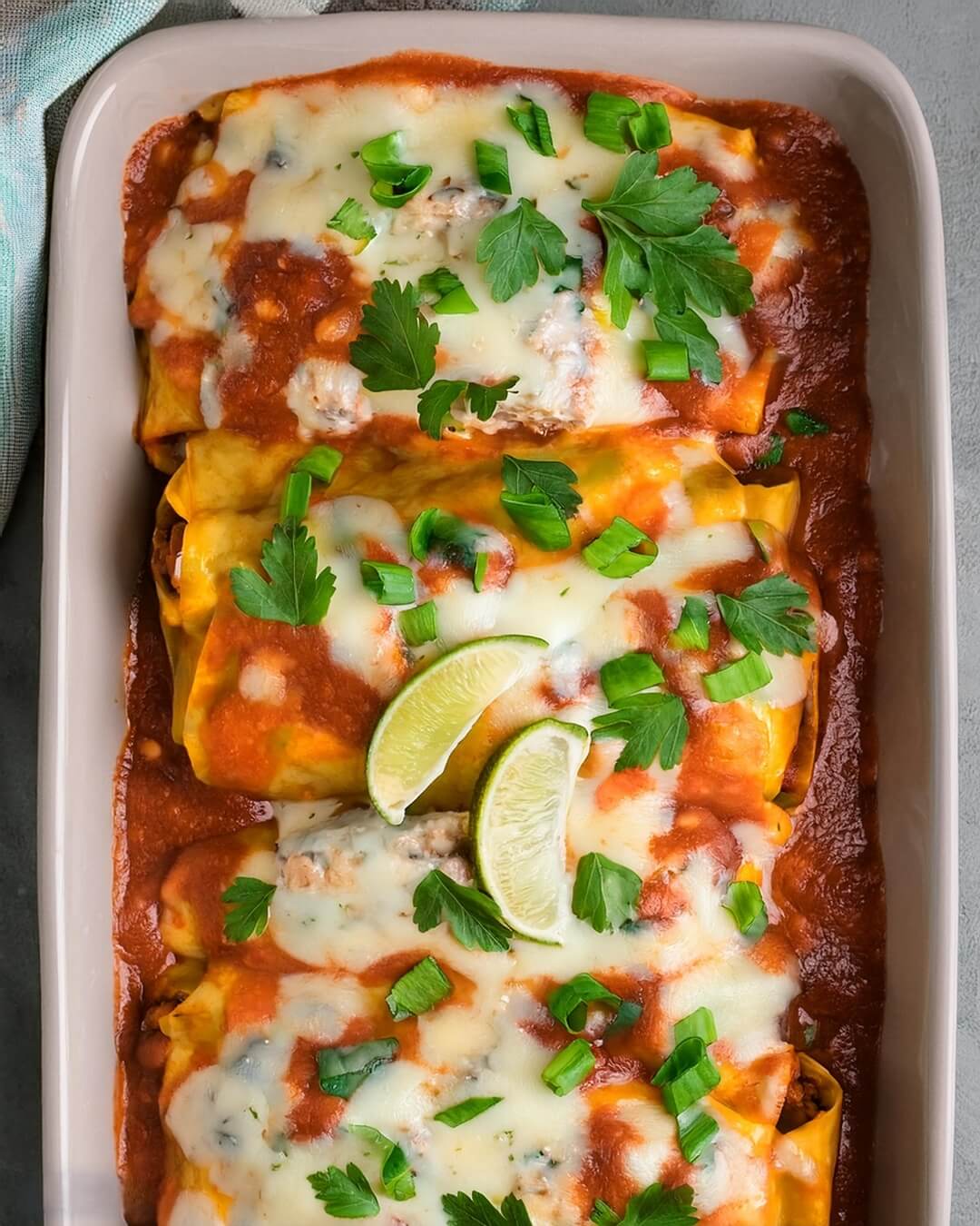 Flavor-packed Chicken Enchiladas filled with tender shredded chicken, smothered in a rich, homemade enchilada sauce, and topped with melted cheese. Wrapped in soft tortillas, these enchiladas are baked to perfection and are loaded with Mexican spices and bold flavors. Ideal for a quick weeknight dinner or a family gathering, these cheesy, satisfying enchiladas are sure to become a favorite