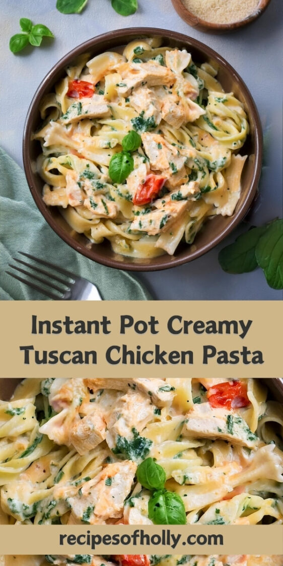 Instant Pot Creamy Tuscan Chicken Pasta, featuring tender chicken, perfectly cooked pasta, and a rich, garlicky Parmesan cream sauce with sun-dried tomatoes and spinach. This easy, one-pot meal is full of Italian-inspired flavors and ready in minutes, making it the perfect dinner option for busy weeknights. Creamy, flavorful, and satisfying, this dish is sure to become a family favorite