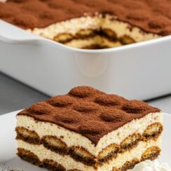 Classic tiramisu—layers of espresso-soaked ladyfingers and luscious mascarpone cream, topped with cocoa for the perfect no-bake indulgence!