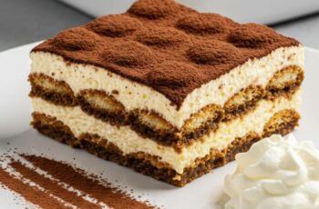 Classic tiramisu—layers of espresso-soaked ladyfingers and luscious mascarpone cream, topped with cocoa for the perfect no-bake indulgence!