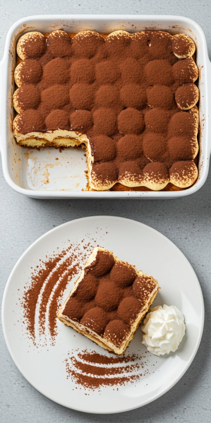 Classic tiramisu—layers of espresso-soaked ladyfingers and luscious mascarpone cream, topped with cocoa for the perfect no-bake indulgence!