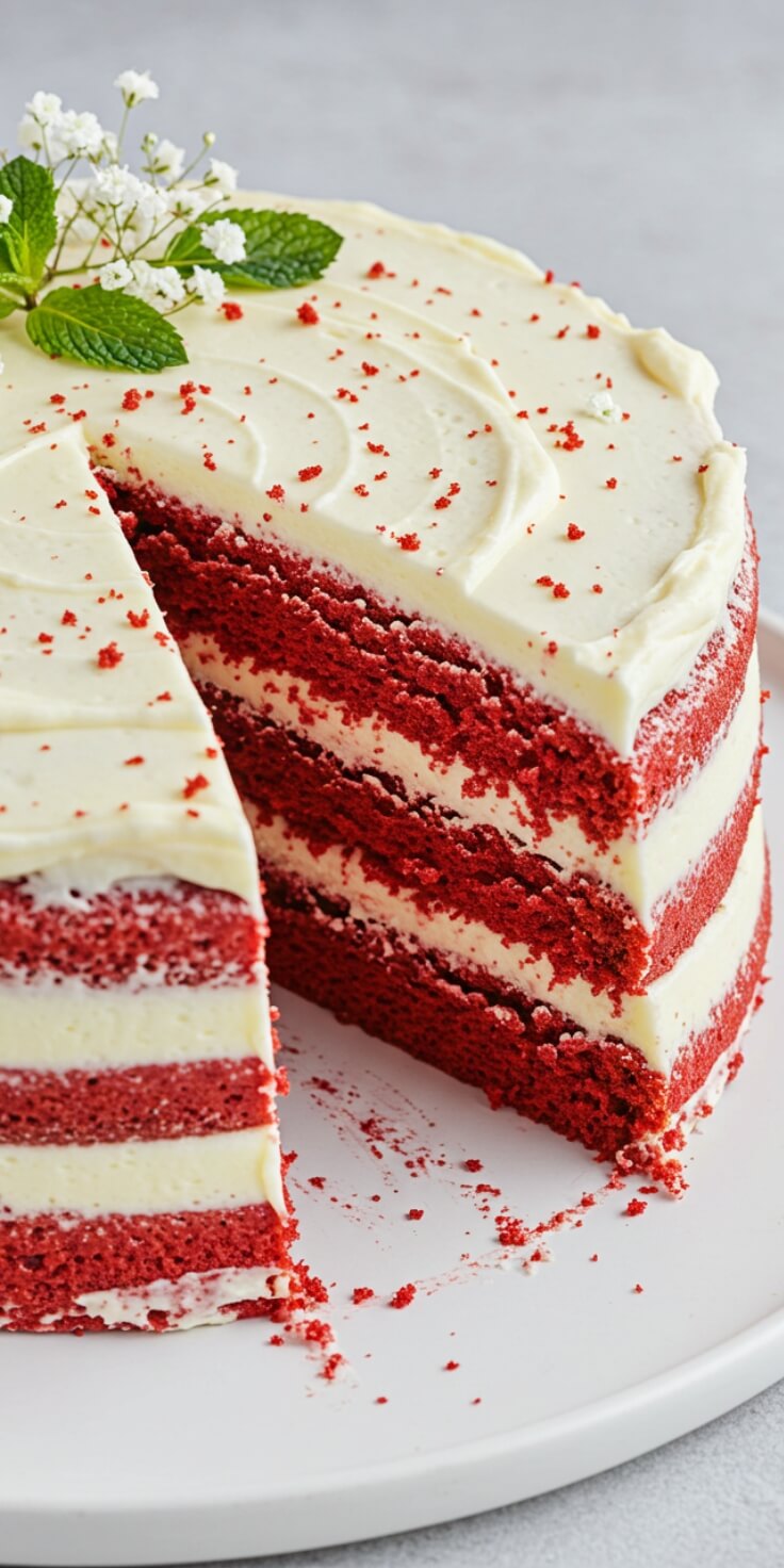 Moist, tender, and rich with a hint of cocoa, this classic red velvet cake is finished with tangy cream cheese frosting for a decadent showstopper.