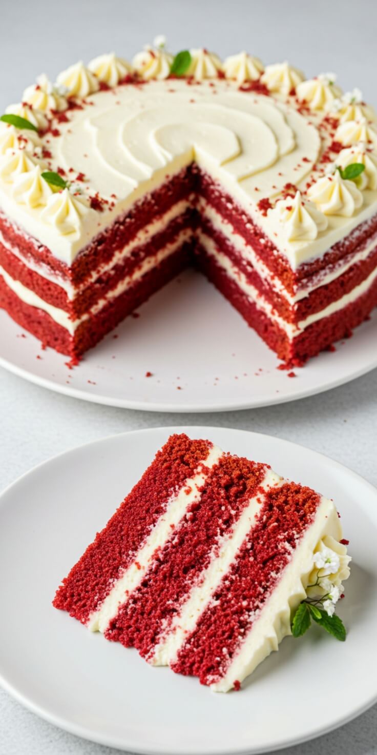 Moist, tender, and rich with a hint of cocoa, this classic red velvet cake is finished with tangy cream cheese frosting for a decadent showstopper.