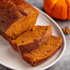 Moist and flavorful Pumpkin Bread, made with real pumpkin puree, warm spices like cinnamon and nutmeg, and a hint of vanilla. This delicious fall favorite is perfect for breakfast, an afternoon snack, or a cozy dessert. With its tender crumb and rich pumpkin flavor, this easy-to-make bread pairs wonderfully with a cup of coffee or tea.