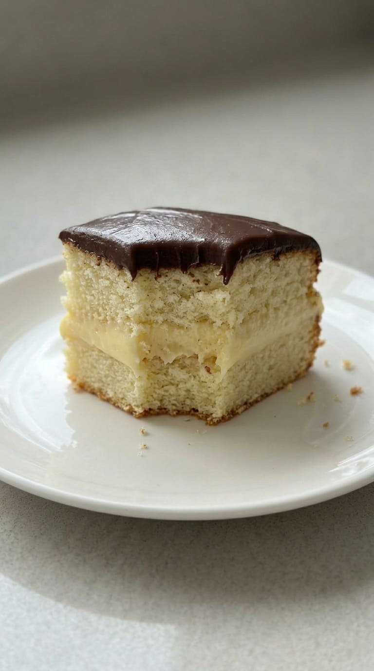 Soft Vanilla Cake with Cream Filling and Chocolate Glaze