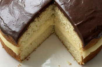 Soft Vanilla Cake with Cream Filling and Chocolate Glaze