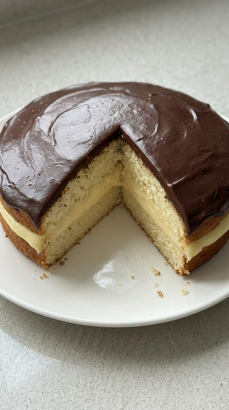 Soft Vanilla Cake with Cream Filling and Chocolate Glaze