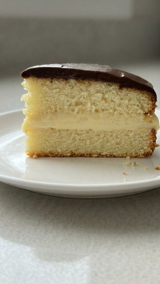 Soft Vanilla Cake with Cream Filling and Chocolate Glaze