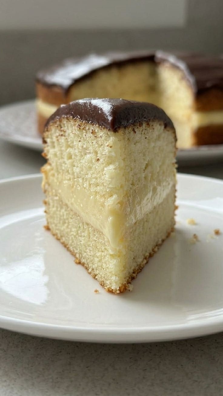 Soft Vanilla Cake with Cream Filling and Chocolate Glaze