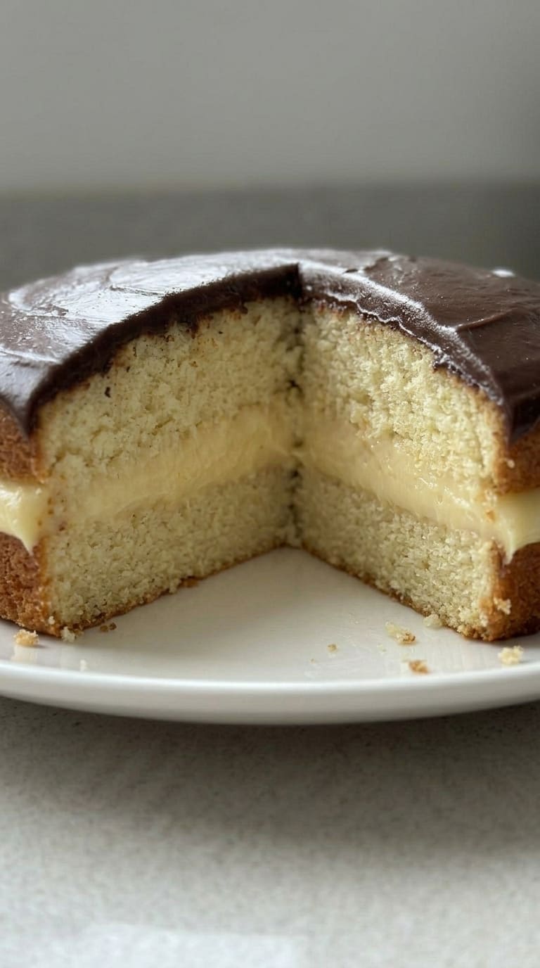 Soft Vanilla Cake with Cream Filling and Chocolate Glaze