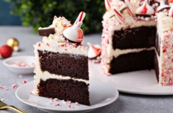 A festive peppermint chocolate cake, visually striking and indulgent. The moist chocolate layers are infused with the refreshing essence of peppermint, creating a delightful balance between rich cocoa and cool mint. The cake is generously frosted with a velvety peppermint chocolate ganache, perfectly complementing the flavors within. Garnished with crushed candy canes or peppermint bark, the cake offers a festive touch and a satisfying crunch. This confection is not only a treat for the taste buds but also a visually captivating centerpiece for any celebration, capturing the spirit of the holidays with every slice.