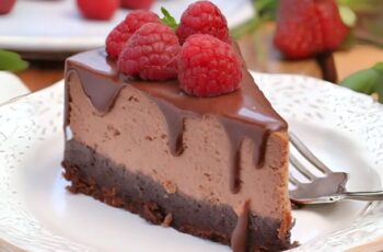 A luscious no-bake chocolate cheesecake that combines the creamy richness of cheesecake with the indulgent flavor of chocolate. The crust is typically made from a mix of chocolate cookies or graham crackers, combined with melted butter, creating a firm and flavorful base. The chocolate cheesecake filling is a velvety blend of cream cheese, cocoa powder, and melted chocolate, resulting in a smooth and decadent texture. Sweetened with sugar and perhaps enhanced with a touch of vanilla extract, this filling offers a delightful balance of sweetness and chocolate richness. Once prepared, the no-bake chocolate cheesecake is chilled until set, making it a convenient and impressive dessert option that doesn't require time in the oven. It can be garnished with a layer of chocolate ganache, a sprinkle of chocolate shavings, or a dollop of whipped cream for added indulgence. This no-bake chocolate cheesecake is perfect for those who crave a silky and chocolatey treat without the need for baking, making it a versatile and delightful dessert for various occasions.