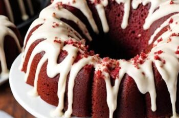 A show-stopping red velvet bundt cake that exudes elegance and indulgence. The cake's striking crimson hue is a visual feast, hinting at the rich cocoa and subtle notes of buttermilk within. The bundt shape adds a touch of sophistication, creating a captivating centerpiece for any occasion. The moist and velvety crumb is complemented by a luscious cream cheese frosting or a drizzle of white chocolate ganache, adding a delightful contrast of sweetness. To enhance the visual appeal, a sprinkle of red velvet cake crumbs or a dusting of powdered sugar can be added. This red velvet bundt cake is not only a feast for the eyes but also a symphony of flavors, making it a perfect choice for celebrations or when you want to make a statement with your dessert.