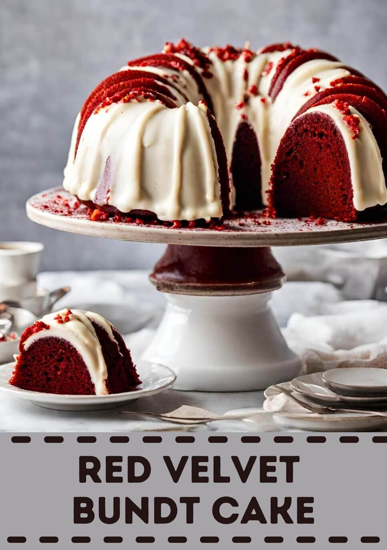 A show-stopping red velvet bundt cake that exudes elegance and indulgence. The cake's striking crimson hue is a visual feast, hinting at the rich cocoa and subtle notes of buttermilk within. The bundt shape adds a touch of sophistication, creating a captivating centerpiece for any occasion.
The moist and velvety crumb is complemented by a luscious cream cheese frosting or a drizzle of white chocolate ganache, adding a delightful contrast of sweetness. To enhance the visual appeal, a sprinkle of red velvet cake crumbs or a dusting of powdered sugar can be added. This red velvet bundt cake is not only a feast for the eyes but also a symphony of flavors, making it a perfect choice for celebrations or when you want to make a statement with your dessert.