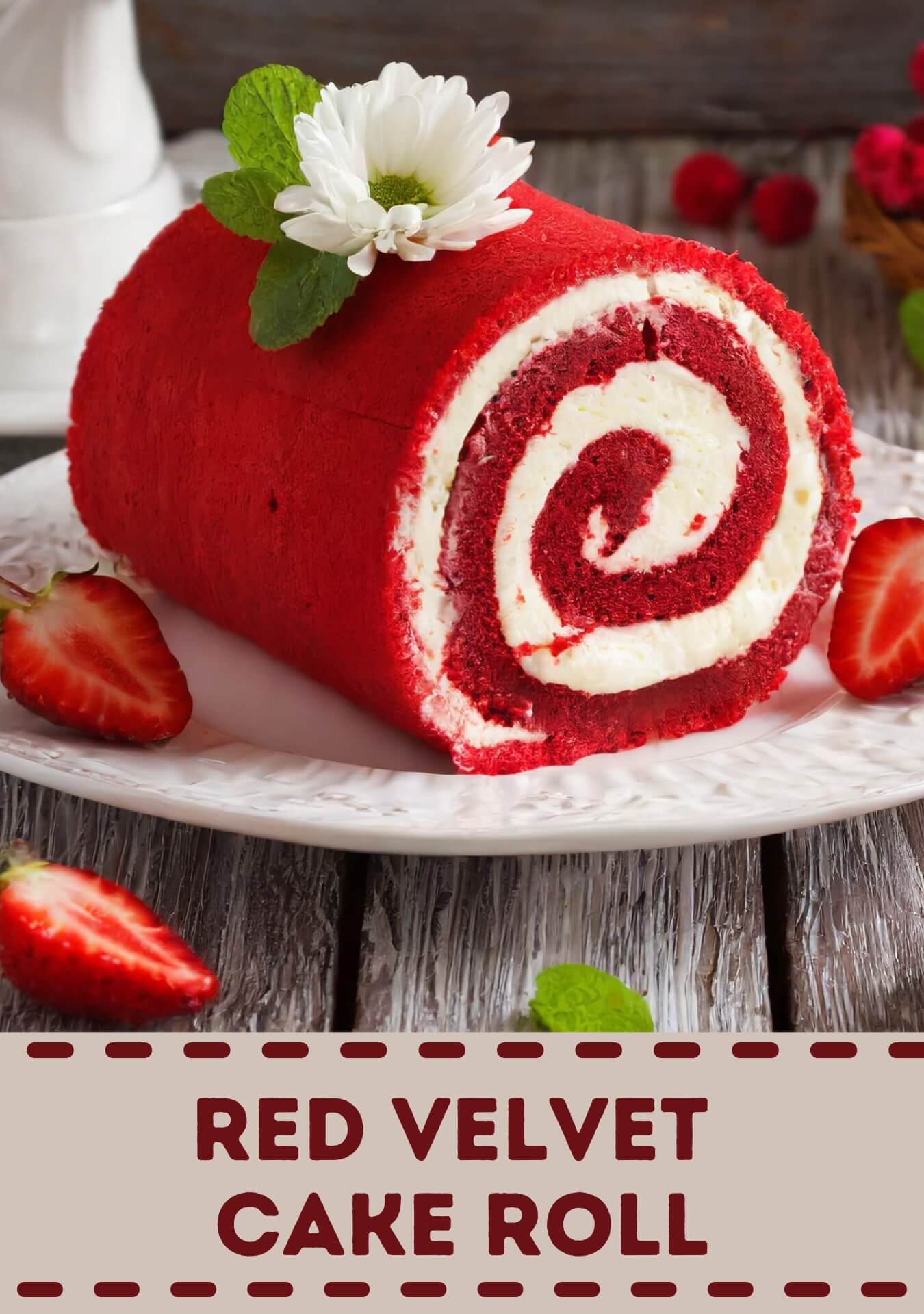 A stunning red velvet cake roll that combines the luxurious flavors of cocoa and a hint of buttermilk, creating a vibrant and visually striking dessert. The cake, with its deep red hue, is rolled around a luscious cream cheese filling, offering a perfect balance of sweetness and tang.
The exterior is velvety soft, and each slice reveals a spiral of moist red velvet cake, adorned with a creamy white filling. A dusting of powdered sugar or a drizzle of white chocolate ganache adds an elegant finishing touch. This red velvet cake roll not only captivates the eyes but also delivers a delectable taste experience, making it a sophisticated and delightful addition to any special occasion or dessert table.