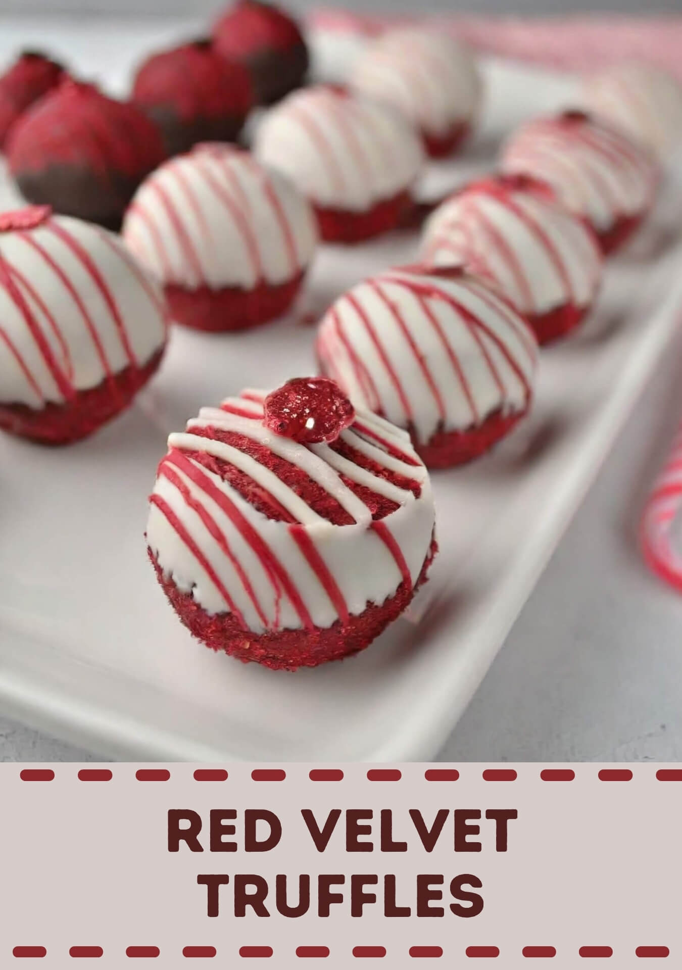 Delectable red velvet truffles that offer a bite-sized explosion of the classic red velvet flavor. These indulgent treats are made by combining red velvet cake crumbs with a velvety cream cheese frosting, creating a smooth and moist mixture. The truffle mixture is then rolled into bite-sized balls and coated in a layer of rich, melted chocolate, providing a luxurious outer shell. To enhance their visual appeal, a dusting of red velvet cake crumbs or a drizzle of contrasting chocolate can be added as a finishing touch. These red velvet truffles are perfect for gifting, serving at parties, or as a delightful dessert bite. They encapsulate the essence of red velvet cake in a convenient and shareable form, making them a crowd-pleaser for any occasion.