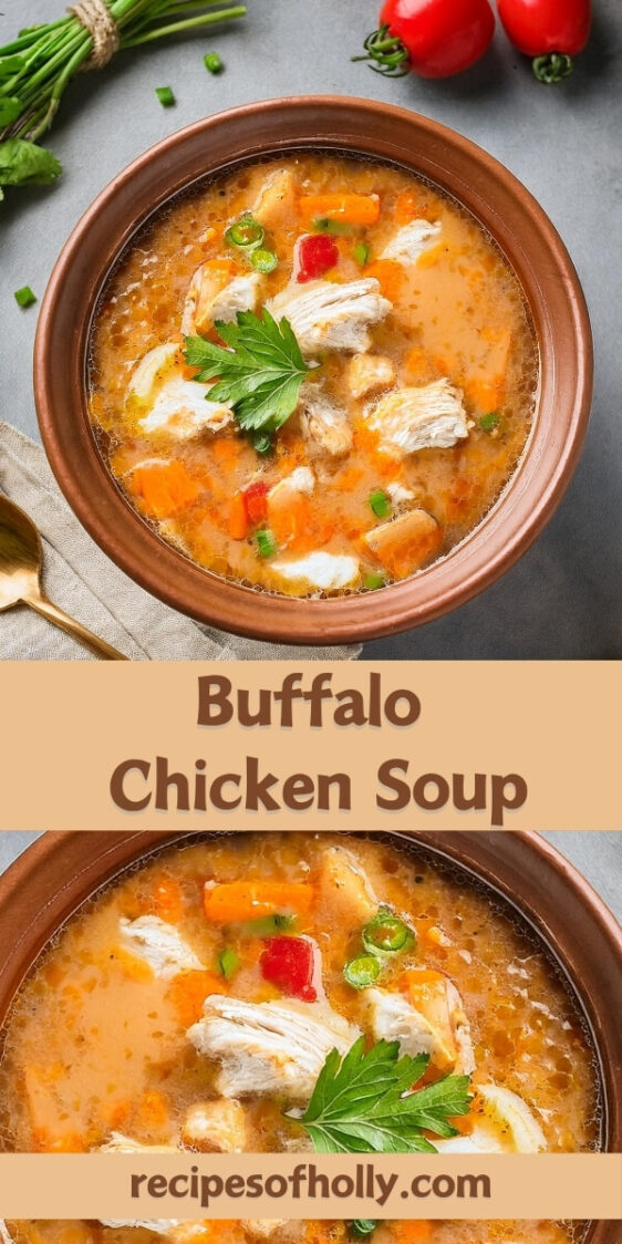 Spicy and creamy Buffalo Chicken Soup made with tender shredded chicken, tangy buffalo sauce, and rich, velvety broth. This hearty soup is packed with bold flavors and a touch of heat, perfectly balanced with cream cheese and ranch seasoning. Topped with blue cheese crumbles and fresh herbs, this dish is a perfect fusion of buffalo wings and comfort soup, ideal for game days or a cozy dinner.