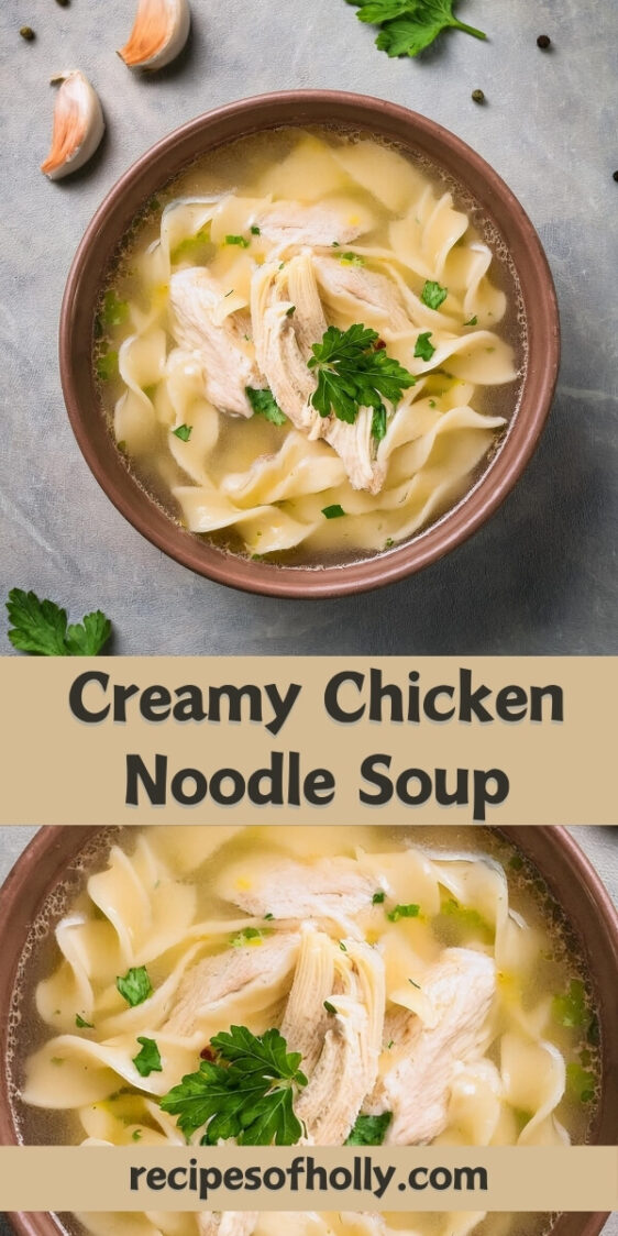 Comforting and rich Creamy Chicken Noodle Soup made with tender chicken, hearty egg noodles, and fresh vegetables simmered in a velvety, flavorful broth. This cozy, homemade soup is seasoned with garlic, herbs, and a hint of cream, creating a perfect blend of savory and creamy textures. Ideal for chilly days or a quick weeknight dinner, this soup is a family favorite that's both satisfying and nourishing