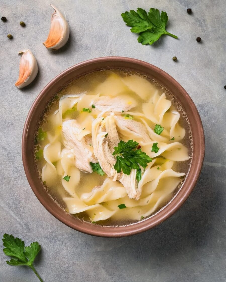 Comforting and rich Creamy Chicken Noodle Soup made with tender chicken, hearty egg noodles, and fresh vegetables simmered in a velvety, flavorful broth. This cozy, homemade soup is seasoned with garlic, herbs, and a hint of cream, creating a perfect blend of savory and creamy textures. Ideal for chilly days or a quick weeknight dinner, this soup is a family favorite that's both satisfying and nourishing