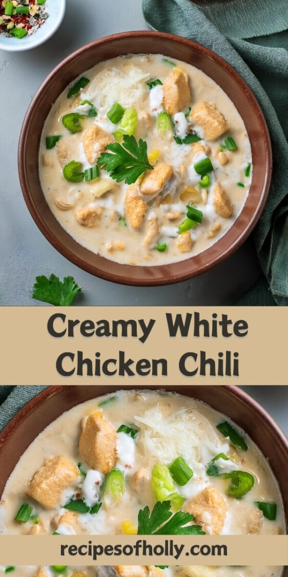 Rich and comforting Creamy White Chicken Chili made with tender shredded chicken, white beans, and green chilies in a smooth, creamy broth. This flavorful chili is seasoned with cumin, garlic, and onion, offering a hearty blend of spices and textures. Topped with sour cream, shredded cheese, and fresh cilantro, this easy-to-make dish is perfect for a cozy dinner or a satisfying meal on a chilly day.