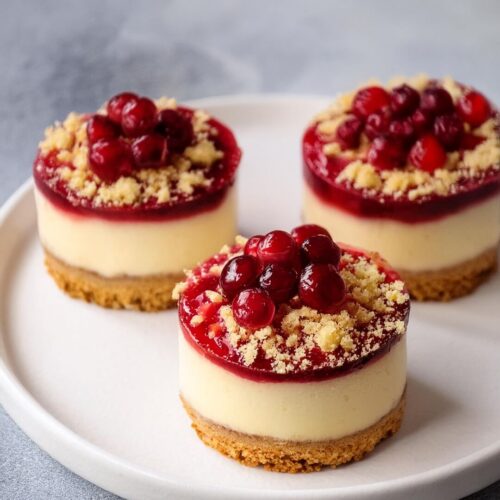 Mini Cranberry Cheesecakes combine a buttery graham cracker crust with a creamy vanilla cheesecake filling. They are topped with a vibrant cranberry sauce and finished with a crumbly streusel topping. The tartness of the cranberry sauce beautifully balances the sweetness of the cheesecake, making these mini desserts a festive and flavorful treat.