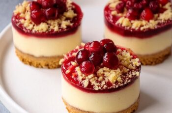 Mini Cranberry Cheesecakes combine a buttery graham cracker crust with a creamy vanilla cheesecake filling. They are topped with a vibrant cranberry sauce and finished with a crumbly streusel topping. The tartness of the cranberry sauce beautifully balances the sweetness of the cheesecake, making these mini desserts a festive and flavorful treat.