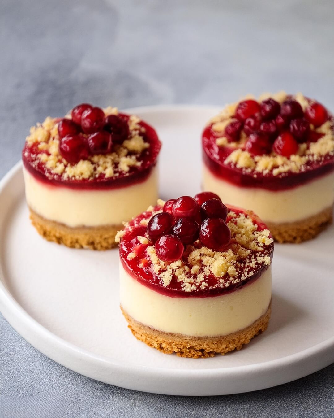 Mini Cranberry Cheesecakes combine a buttery graham cracker crust with a creamy vanilla cheesecake filling. They are topped with a vibrant cranberry sauce and finished with a crumbly streusel topping. The tartness of the cranberry sauce beautifully balances the sweetness of the cheesecake, making these mini desserts a festive and flavorful treat.