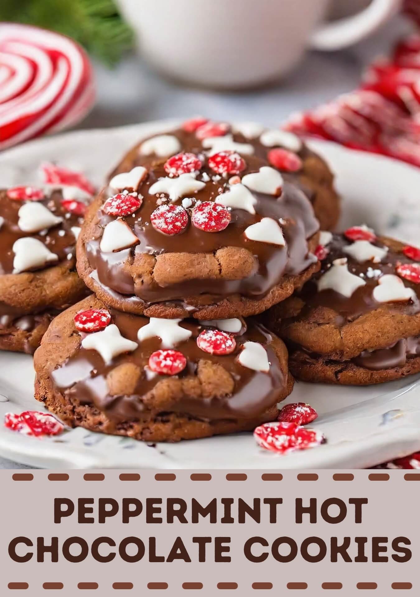 Delicious Peppermint Hot Chocolate Cookies that capture the cozy flavors of a classic winter beverage. These cookies are a delightful fusion of rich chocolate and refreshing peppermint, making them a perfect treat for the holiday season. The cookie dough is typically infused with cocoa powder for a deep chocolatey flavor. Crushed peppermint candies or peppermint extract is added to provide the invigorating peppermint twist. To enhance the texture, chocolate chips or chunks are often mixed into the dough. Once baked to perfection, these cookies are sometimes adorned with a drizzle of white chocolate, a sprinkle of crushed candy canes, or a dusting of powdered sugar. This not only adds a festive touch but also enhances the overall sweetness and visual appeal. Peppermint Hot Chocolate Cookies are a delightful addition to holiday cookie trays or a cozy evening by the fireplace with a cup of hot cocoa. They embody the warmth and joy of the winter season.