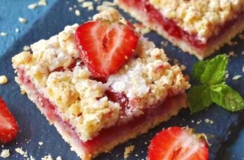 Indulge in the delightful sweetness of our Strawberry Crumb Bars, a perfect balance of buttery crumbly goodness and luscious strawberry filling. Envision a golden-brown crust as the base, providing a rich and slightly crunchy foundation. The middle layer is a generous spread of vibrant strawberry jam, bursting with the natural sweetness of ripe strawberries. Crowned with a buttery crumb topping, each bite is a heavenly amalgamation of textures and flavors. These bars are not just a treat for your taste buds; they're a visual delight, adorned with a dusting of powdered sugar and fresh strawberry slices.
