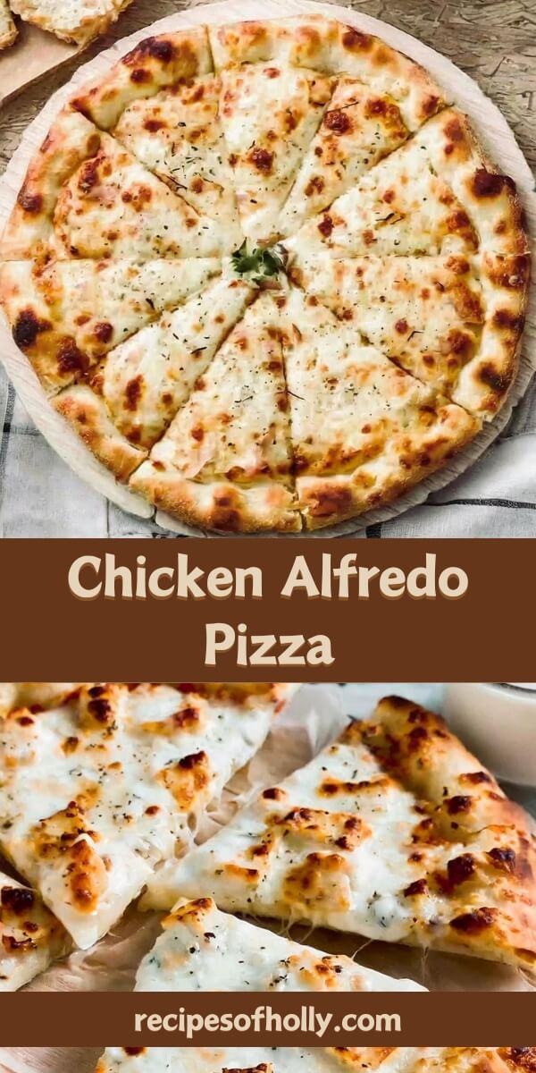 Delicious Chicken Alfredo Pizza topped with tender grilled chicken, creamy Alfredo sauce, and a blend of melted mozzarella and parmesan cheeses. This mouthwatering pizza features a golden, crispy crust, with a rich, garlicky flavor in every bite. Perfect for a family dinner or a cozy night in, this pizza combines the classic taste of chicken Alfredo with the comfort of a pizza.