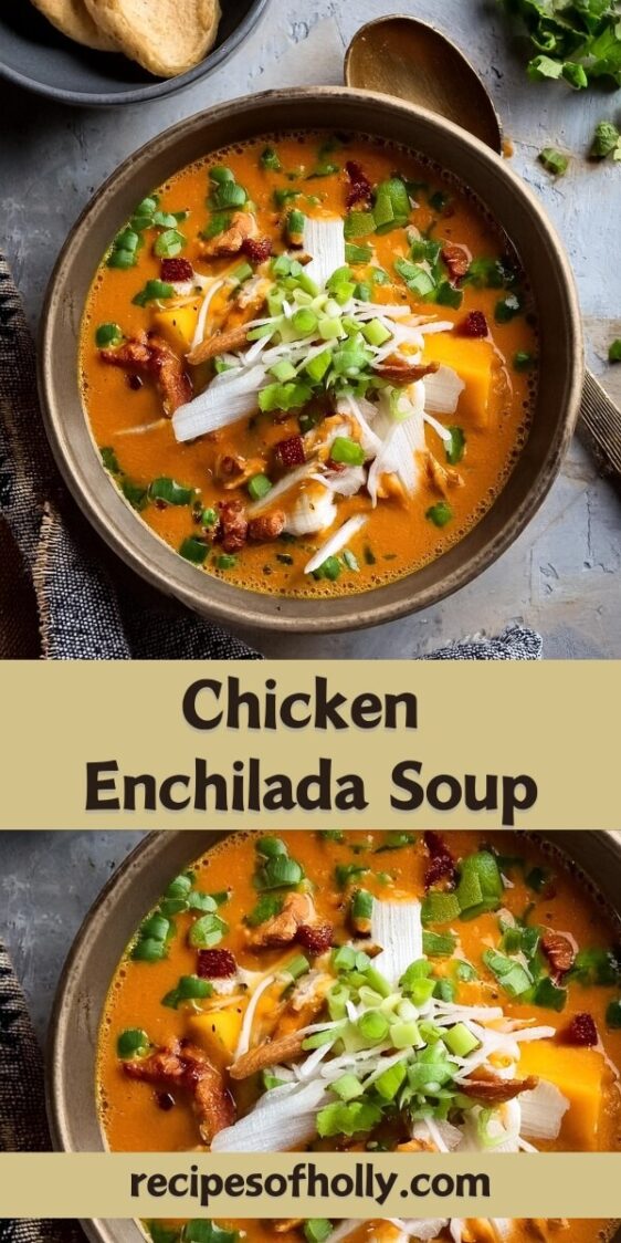 Rich and hearty Chicken Enchilada Soup featuring tender shredded chicken, black beans, corn, and a bold enchilada sauce simmered in a flavorful broth. This easy-to-make soup is packed with Mexican-inspired spices, offering a delicious combination of heat and comfort. Topped with shredded cheese, tortilla strips, and fresh cilantro, it's a perfect choice for a cozy dinner or a satisfying lunch.