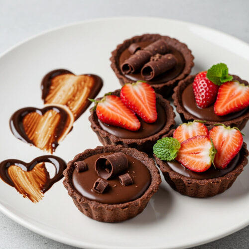 These mini chocolate tarts are filled with a silky, ganache-like chocolate center and nestled in a crisp pastry shell—perfect for bite-sized indulgence!