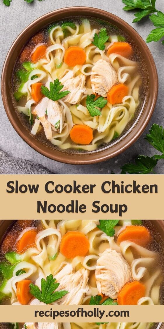 Comforting Slow Cooker Chicken Noodle Soup made with tender, slow-cooked chicken, hearty egg noodles, and fresh vegetables in a savory, herb-infused broth. This easy, hands-off recipe allows flavors to develop over time, resulting in a nourishing and satisfying soup that's perfect for chilly days or when you need a cozy, homemade meal. Ideal for a family dinner or meal prep, this soup is a timeless classic