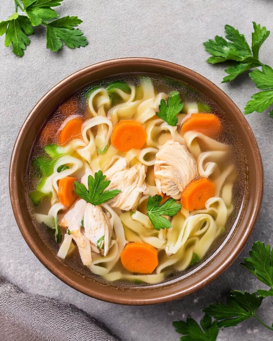 Comforting Slow Cooker Chicken Noodle Soup made with tender, slow-cooked chicken, hearty egg noodles, and fresh vegetables in a savory, herb-infused broth. This easy, hands-off recipe allows flavors to develop over time, resulting in a nourishing and satisfying soup that's perfect for chilly days or when you need a cozy, homemade meal. Ideal for a family dinner or meal prep, this soup is a timeless classic
