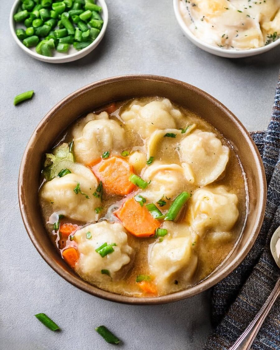 Classic Southern Chicken and Dumplings featuring tender, shredded chicken simmered in a rich, flavorful broth with fluffy, homemade dumplings. This comforting, hearty dish is made from scratch, combining savory herbs, creamy textures, and pillowy dumplings for the ultimate Southern comfort food. Perfect for family dinners or cozy nights in, this dish offers a taste of home with every bite