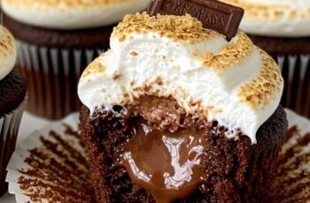 Fluffy chocolate cupcakes with marshmallow frosting, graham cracker crust, and optional chocolate drizzle for perfect s’mores vibes.