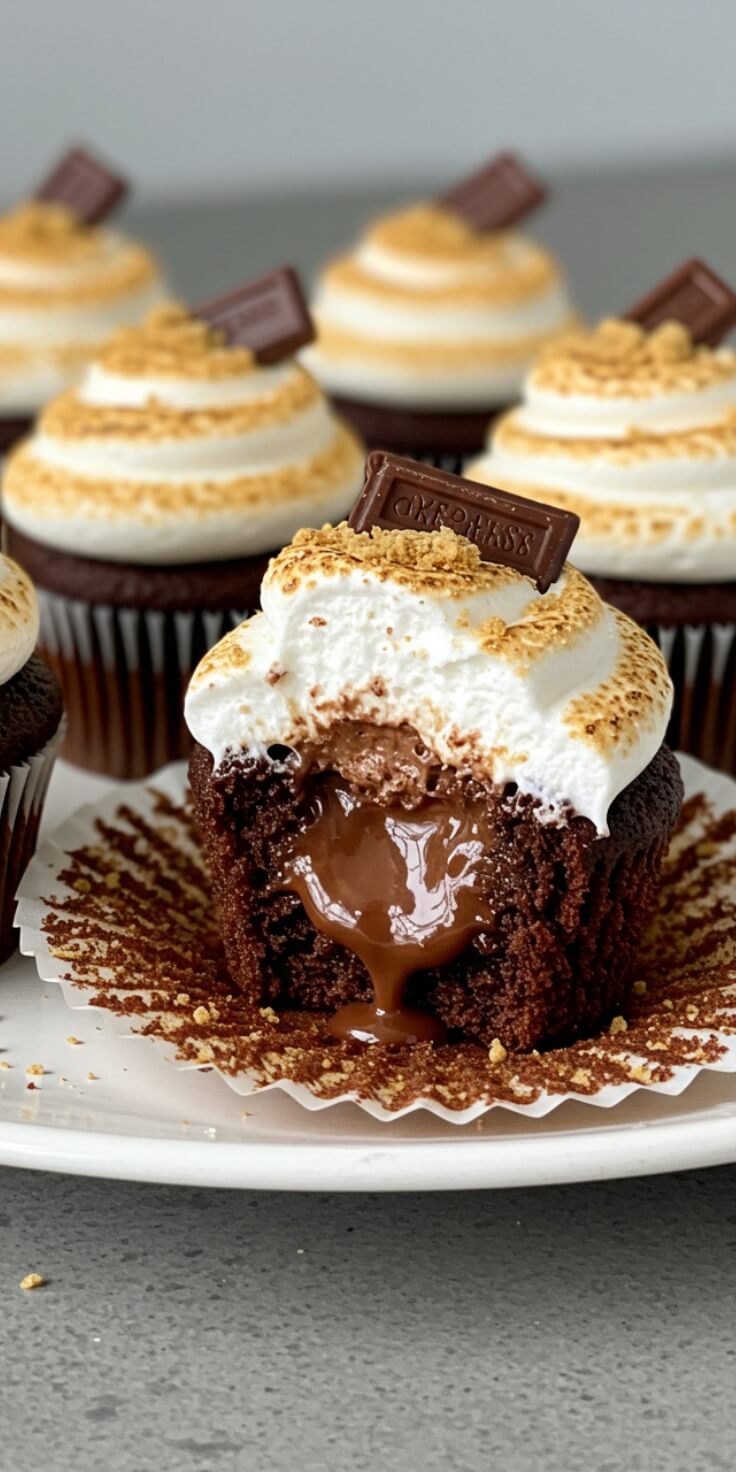 Fluffy chocolate cupcakes with marshmallow frosting, graham cracker crust, and optional chocolate drizzle for perfect s’mores vibes.