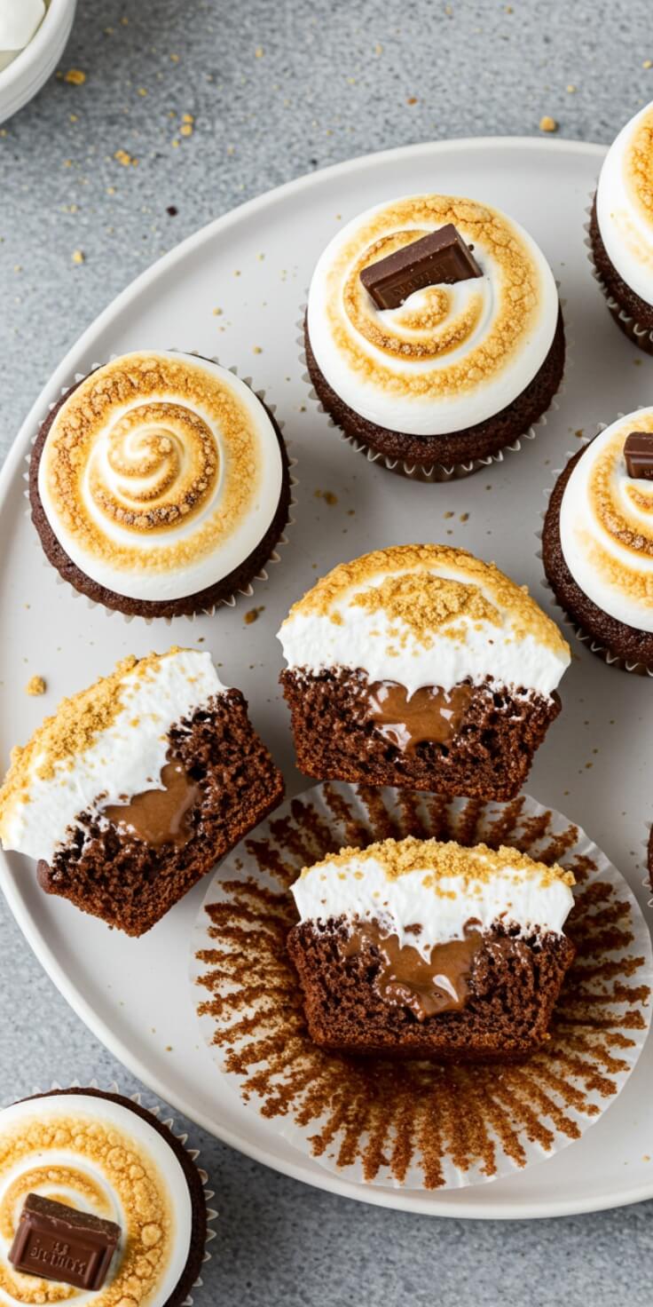Fluffy chocolate cupcakes with marshmallow frosting, graham cracker crust, and optional chocolate drizzle for perfect s’mores vibes.
