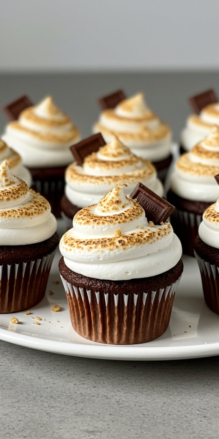 Fluffy chocolate cupcakes with marshmallow frosting, graham cracker crust, and optional chocolate drizzle for perfect s’mores vibes.