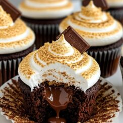 Fluffy chocolate cupcakes with marshmallow frosting, graham cracker crust, and optional chocolate drizzle for perfect s’mores vibes.
