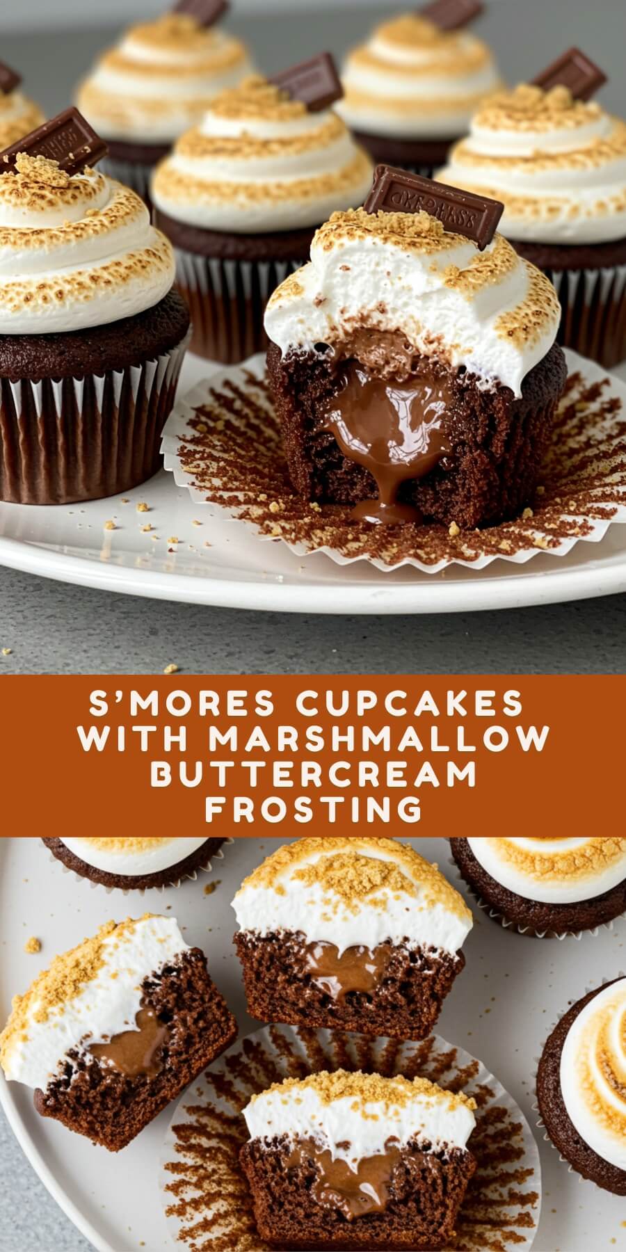 Fluffy chocolate cupcakes with marshmallow frosting, graham cracker crust, and optional chocolate drizzle for perfect s’mores vibes.