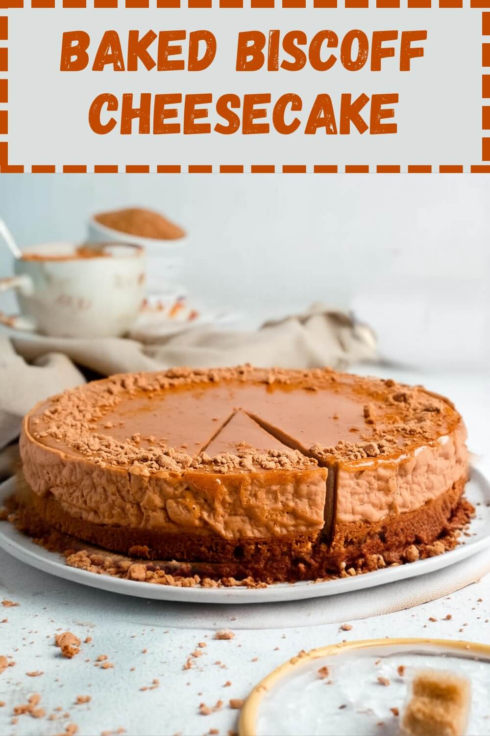 Indulge in the creamy richness of a baked Biscoff cheesecake. This decadent dessert features a smooth, velvety cheesecake filling on a crunchy Biscoff cookie crust. Topped with a generous drizzle of melted Biscoff spread and garnished with cookie crumbs, this cheesecake is a Biscoff lover's dream come true. Perfect for special occasions or as a delightful treat any day of the week.
