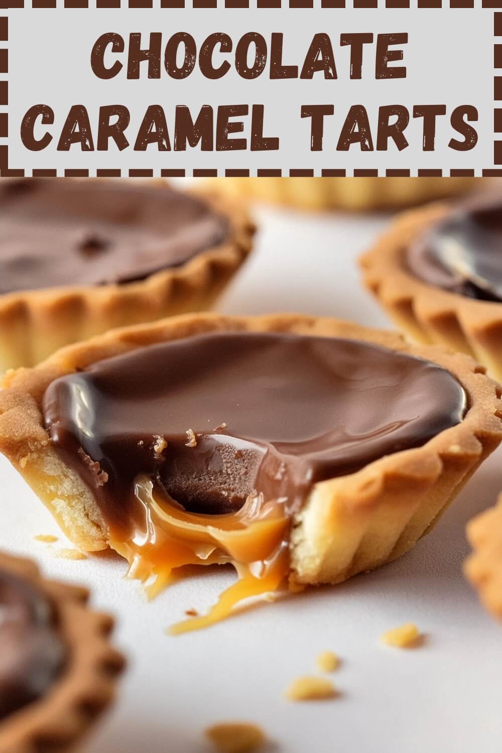 Delicious chocolate caramel tarts topped with a sprinkle of sea salt. Each tart features a rich, buttery crust filled with gooey caramel and a smooth, decadent chocolate ganache. Perfectly presented on a rustic wooden board, these homemade treats are garnished with fresh mint leaves and a dusting of powdered sugar.